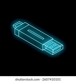 Neon usb flash drive glowing blue on black background, concept of data storage, digital information and technology