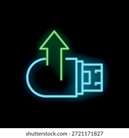 Icono de la unidad flash USB de neón con flecha de carga que brilla en la oscuridad, concepto de almacenamiento y transferencia de datos