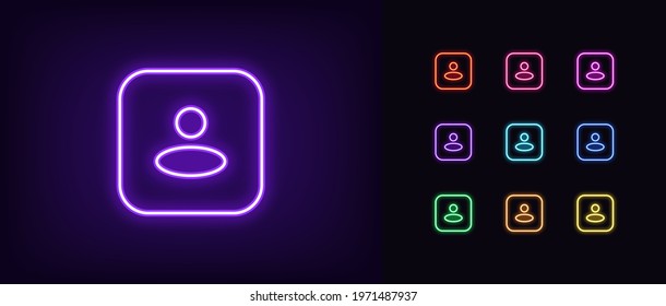 Neon user avatar icon. Glowing neon person sign, outline square avatar pictogram in vivid color. Anonymous user, online consultant and helper, web support service. Vector icon set, sign, symbol for UI