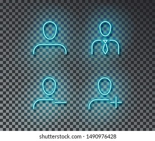 Neon user signs vector isolated on brick wall. Avatar, new user, delete, human light symbol, decoration effect. Neon people illustration.