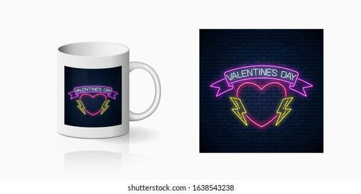 Neon valentines day sign with heart shape with award ribbon and lightnings print for cup design. Happy Valentines Day greeting design banner in neon style and mug mockup. Vector shiny design element