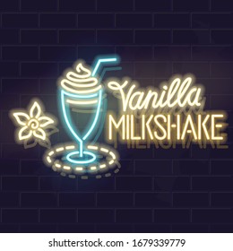 Neon Vanille Milchshake Typografie und Ikone. Vektorillustration einzeln auf Neongrafik für jeden dunklen Hintergrund. Fluoreszierende Linie Kunstsymbol für Menü, Logo, Poster, Social Network Post.