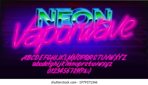 Neon Vaporwave alphabet font. Glowing neon letters, numbers and punctuations. Uppercase and lowercase. Vector typescript for your typography design.