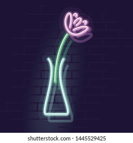 Neon vase with flower. Night illuminated wall street sign. Isolated geometric style illustration on brick wall background.