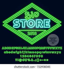 Neon vector Alphabet Numbers and Punctuation symbols. Font contains Graphic Style. Glowing Logo for Bio Store.