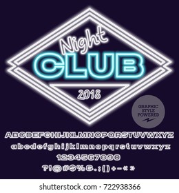 Neon vector Alphabet Numbers and Punctuation symbols. Font contains Graphic Style. Glowing Logo for Night Club.