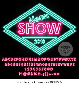 Neon vector Alphabet Numbers and Punctuation symbols. Font contains Graphic Style. Glowing Logo for Neon Show.