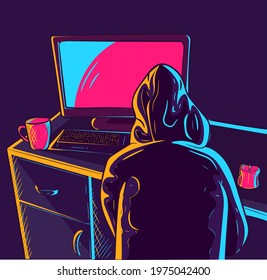 Neon vector art of a man wearing a hoodie and looking at a PC screen. Gamer or worker seen from behind being bored at home and browsing the internet. Hacker with a keyboard and a cup of coffee.