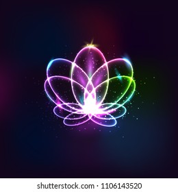 Neon vector flower, light lotus. Neon abstract circle background with flares and sparkles. Modern vector illustration
