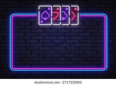 Neonvektorrahmen mit leuchtenden Spielkarten und Pfeilsymbol auf dunkler Wand. Perfekt für Kartenspiele, Pokerveranstaltungen und visuelles Branding im Casino.