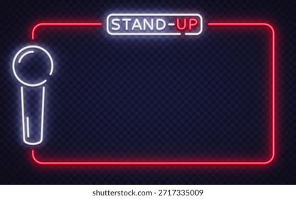 Marco de Vector de neón con el ícono del micrófono y la señal de pie. Perfecto para espectáculos de comedia, carteles de eventos y anuncios de discotecas.