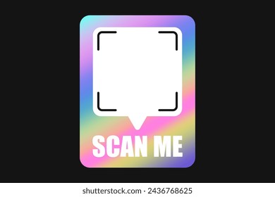 Código QR de marco vectorial de neón, escanee mi plantilla de etiqueta de teléfono. Icono de identificación holográfico del smartphone del arco iris del Y2K con el código de barras en el fondo oscuro.