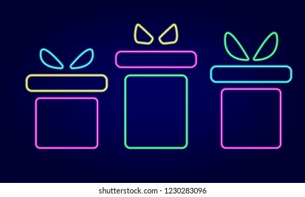 Neon vector gift box. Colorful present. Blue background.
