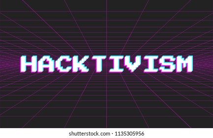 Neon Vector Hacktivism Illustration With Glitch Effect On Perspectival Background.