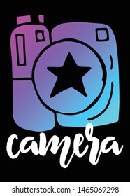 Neon Vector Illustration of Camera Photography with Text / Typography. Graphic Design for Poster, Cards, Shirt, Template, Prints, Layout, Sticker and Background.