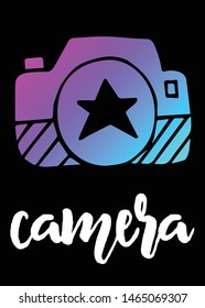 Neon Vector Illustration of Camera Photography with Text / Typography. Graphic Design for Poster, Cards, Shirt, Template, Prints, Layout, Sticker and Background.