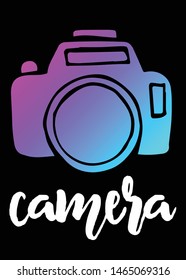 Neon Vector Illustration of Camera Photography with Text / Typography. Graphic Design for Poster, Cards, Shirt, Template, Prints, Layout, Sticker and Background.