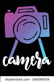 Neon Vector Illustration of Camera Photography with Text / Typography. Graphic Design for Poster, Cards, Shirt, Template, Prints, Layout, Sticker and Background.