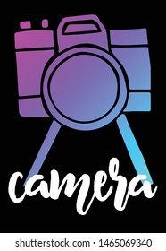 Neon Vector Illustration of Camera Photography with Text / Typography. Graphic Design for Poster, Cards, Shirt, Template, Prints, Layout, Sticker and Background.
