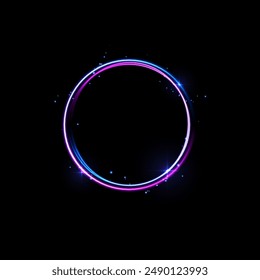 Neon-Vektorillustration eines Kreises auf einem schwarzen Hintergrund mit einem leuchtenden rosa und blauen Schein mit schimmernden Teilchen. Ideal für visuelle Effekte von Energietunneln oder -portalen.