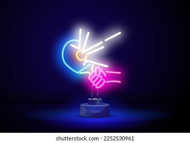 Neon vector illustration of hitting a ping pong racket.The hand holds the racket and hits the ball.