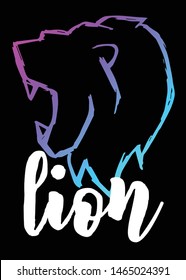 Neon Vector Illustration of Lion Animal with Text / Typography. Graphic Design for Poster, Cards, Shirt, Template, Prints, Layout, Sticker and Background.