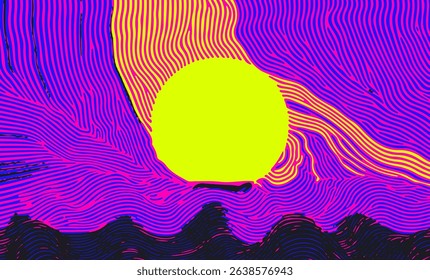 Neon vector illustration in a modern op art style, showing a yellow circle sun, wavy lines, and blue, pink, purple, and black tones. Pop art vibrant, digital aesthetics and geometric shapes