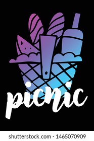 Neon Vector Illustration of Picnic with Text / Typography. Graphic Design for Poster, Cards, Shirt, Template, Prints, Layout, Sticker and Background.