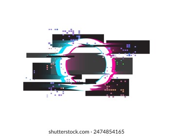 Imagen de Vector de neón con una plantilla de glitch. El diseño moderno del marco en forma de círculo, los efectos digitales y la interferencia, para crear conceptos artísticos dinámicos.