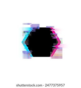 Neon vector images. Isolated black hexagonal frame with colorful digital pixel noise representing a disturbed television signal on a plain isolated background.
