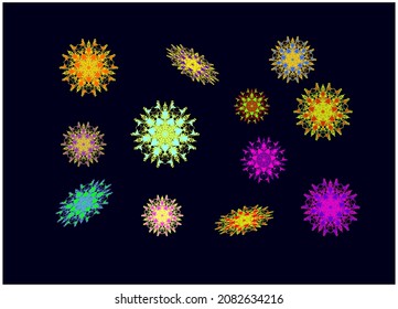 Ornamentos de mandala portadora de neón (set) con varias combinaciones de colores en un fondo oscuro.