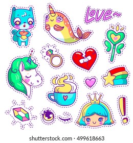 Neon vector patch badges with animals, characters and things. Hand-drawn stickers, pins in cartoon 80s-90s comics style. Set with cute unicorn, narwhal, squirrel, princess, magic wand, etc. Part 3