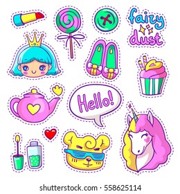 Neon vector patch badges with animals, characters and things. Hand-drawn stickers, pins in cartoon 80s-90s comics style. Set with cute unicorn, princess, candy, etc. Part 9