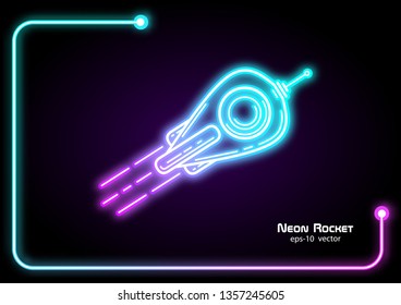 Neon vector rocket.Space Shuttle Flying Up .Neon advertising