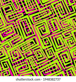 Neon vector seamless abstract pattern with swirling yellow-green and pink lines on black background.
