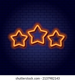 Signo de vector neón Tres estrellas doradas. Elemento de diseño para sitio web, aplicación, juego