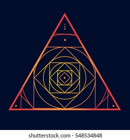 Neon vector sketch of a tattoo fire triangle rose mandala with flower petals, square, polygon, point, circle and seamless pattern. Vector image on dark background.