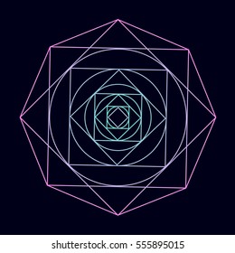 Neon vector sketch of a tattoo rose mandala with flower petals, square, polygon, point, circle and seamless pattern. Hand-drawn alchemy, spirituality, with mystical geometry symbol.