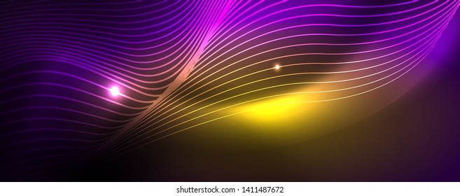 Neon vector wave lines abstract background, magic futuristic techno design, vector motion concept