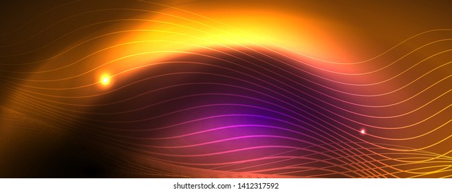 Neon vector wave lines abstract background, magic futuristic techno design, vector motion concept