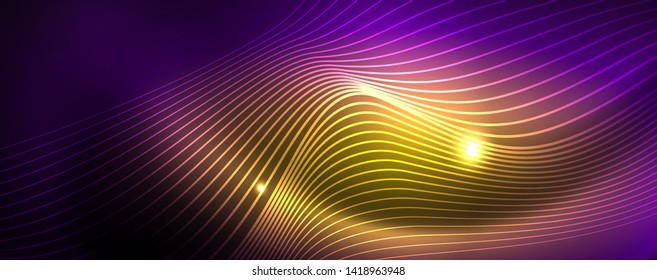 Neon vector wave lines abstract background, magic futuristic techno design, vector motion concept