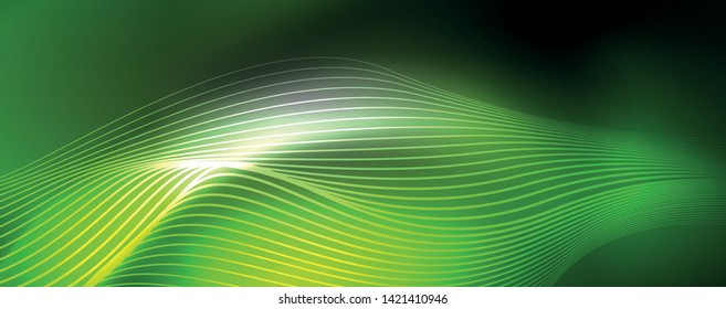 Neon vector wave lines abstract background, magic futuristic techno design, vector motion concept