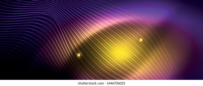 Neon vector wave lines abstract background, magic futuristic techno design, vector motion concept