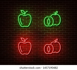 Neon vegetable signs vector isolated on brick wall. Green and red apples light symbol, decoration effect. Neon nature fruits illustration.