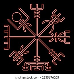 Neon vegvisir runic compass galdrastav Navigation compass symbol red color vector illustration image flat style light