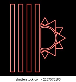 Neon venetian blind and sun Jalousie close sun Jalousie shutdown light Louver concept Shutter symbols red color vector illustration image flat style light