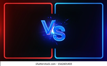 Neon Versus Battle, vs collision of futuristic letters with glow and glare of light on a red-blue background, confrontation concept, competition vs match game, martial battle vs sport. Versus battle 