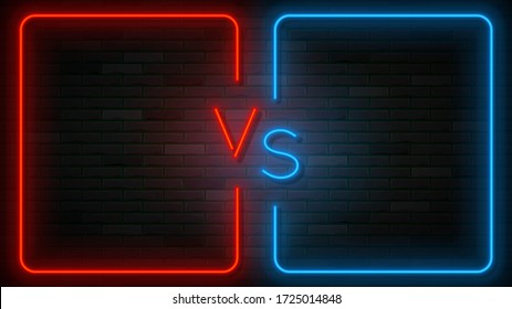 Neon Versus label template. Vector illustration with bright neon frames. VS symbol on dark brick wall.