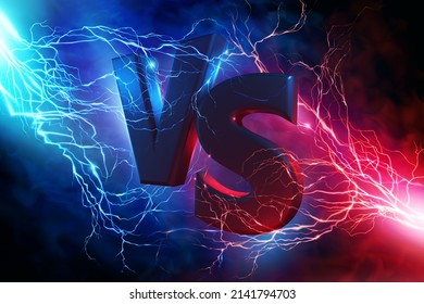 Neon versus logo, vs letters for sports and fight competition. Battle vs match, game concept competitive. Resistance symbol. Collision of two forces, flash, lightning, against a dark, foggy background