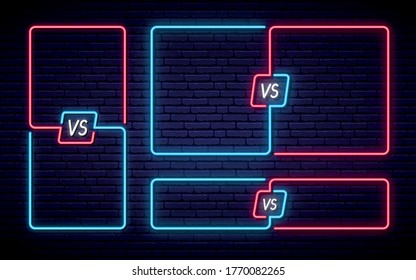 Neon Versus set. Different neon frames with VS letters. Frame for competition. Neon battle banner. Vector design template for web and social media.